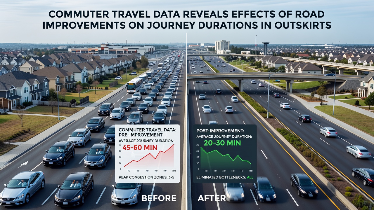 Traffic flow data displays and road improvement signage along an upgraded suburban route