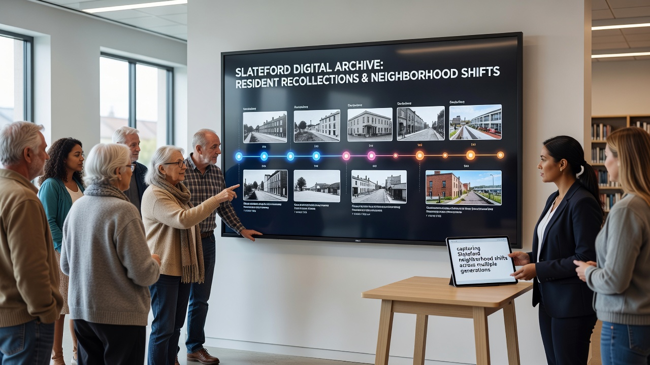 Digital archive screenshot displaying timeline interface with resident-submitted photos of Slateford from the 1960s and 2010s side by side