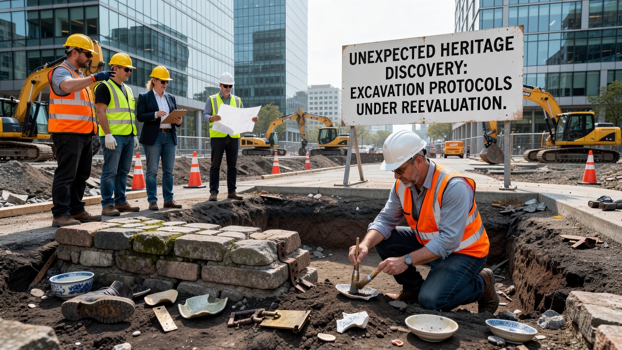 Archaeologists examine layered soil profiles at a commercial site where maintenance crews uncovered medieval remains